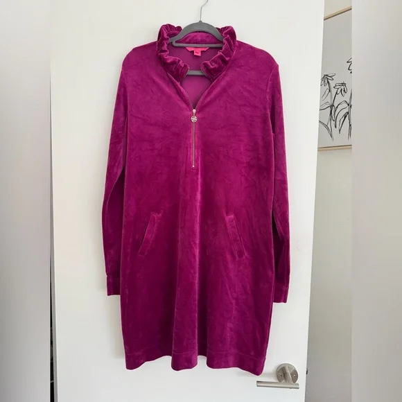 Lilly Pulitzer Skipper Ruffle Dress Magenta Pink Velour Pocket Fall Winter Party - Picture 4 of 9
